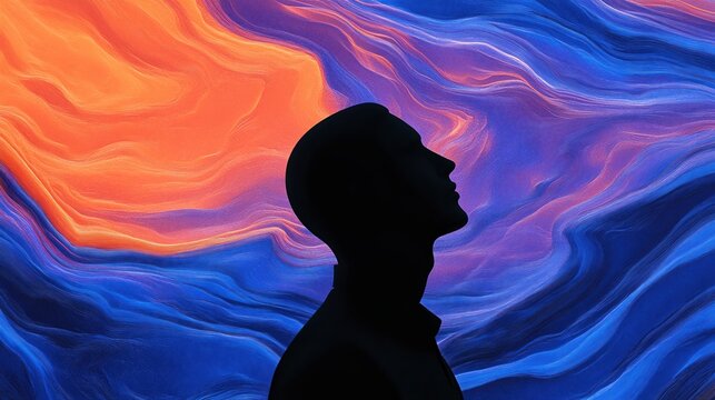 Contemplative Silhouette against Vibrant Abstract: The silhouette of a person gazing upward, framed by a mesmerizing backdrop of swirling colors, encapsulates deep thought and introspection.