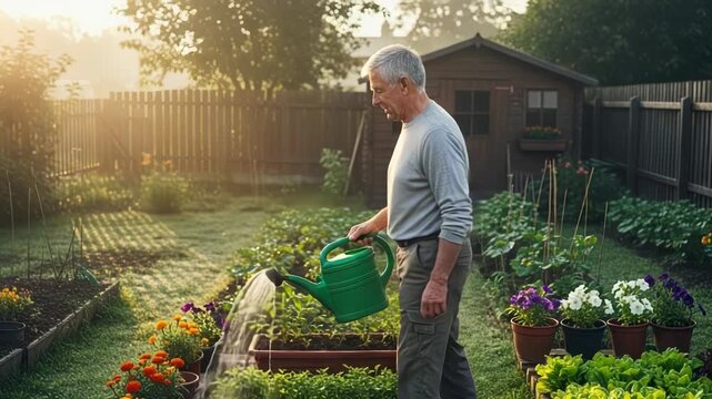 Senior Man Watering Vegetable Garden in Backyard