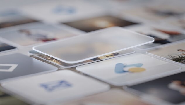 Closeup on a preview overlay popping up from photo thumbnails in an image search results gallery with icons softly blurred behind.