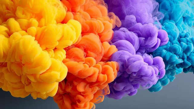 Colorful smoke clouds in vibrant yellow, orange, purple, and blue hues blend together, creating a dynamic visual flow against a gray background