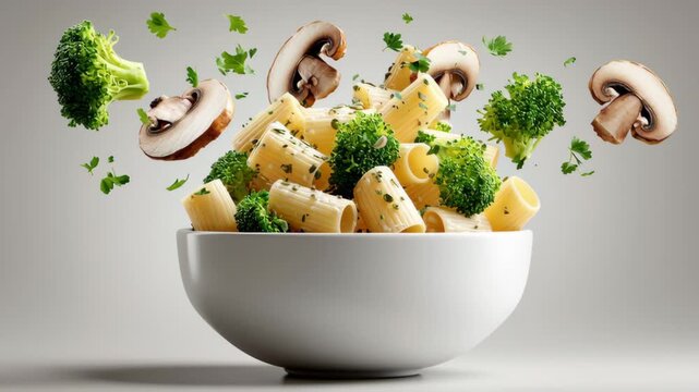 Fresh pasta with broccoli and mushrooms is tossed in mid-air above a white bowl, showcasing vibrant colors and textures in a modern kitchen setting