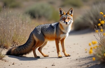 Fototapeta premium South American gray fox stands on dirt path in Patagonia, Argentina. This wild animal with orange fur and grey coat looks alert. Dry grasses and yellow wildflowers surround the fox.