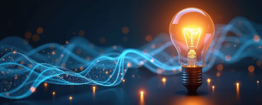 Bright incandescent light bulb glows with filament. Abstract blue data stream flows with particles, suggesting digital progress and new ideas.
