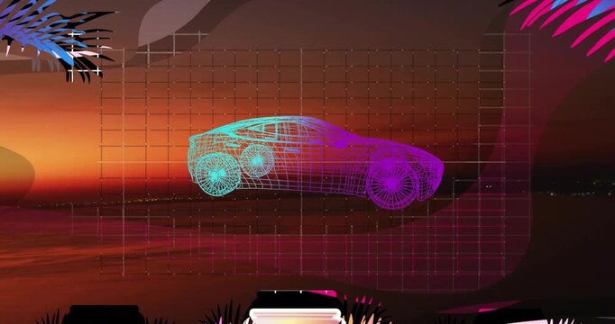 On playback wireframe car rotating over sunset sea, grid HUD revealing wheels for automotive design