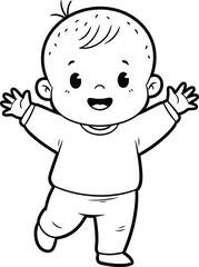 A cheerful illustration depicts a smiling baby with arms outstretched showcasing a joyful and innocent childhood moment in black and white