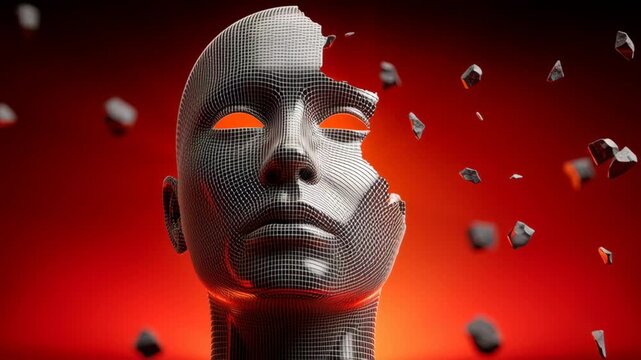 3D wireframe mannequin head with fragmented surface and glowing orange eyes, surrounded by floating debris against a dramatic red background