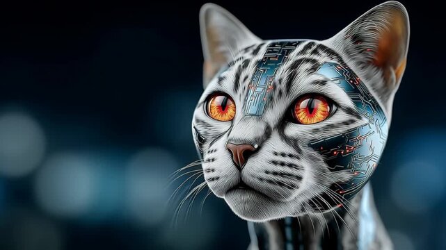 Robotic cat with metallic features and glowing orange eyes gazes forward, showcasing intricate circuit patterns on its fur against a blurred dark background