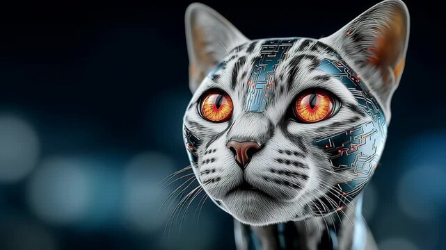 Robotic cat with intricate circuitry design gazes intently, showcasing glowing orange eyes and detailed fur patterns against a blurred dark background
