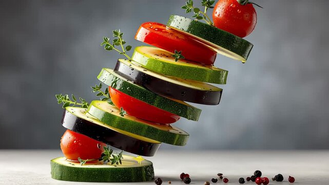 Fresh vegetables stacked in a balanced arrangement with vibrant tomatoes and zucchini slices, garnished with thyme, showcasing a colorful culinary display on a neutral background