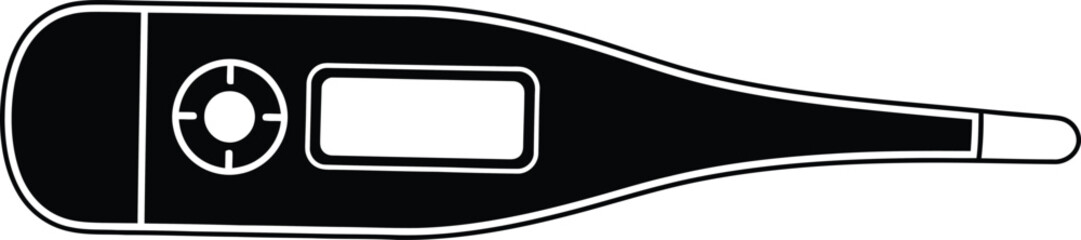 A simple black and white illustration depicts a digital thermometer laying horizontally on a plain white background showing its sleek design