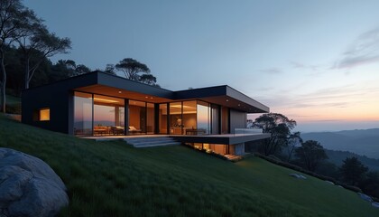 Obraz premium Modern luxury house with large glass windows sits on grassy hill at dusk. Illuminated interior visible, offering scenic mountain valley view. Elegant minimalist architectural design.