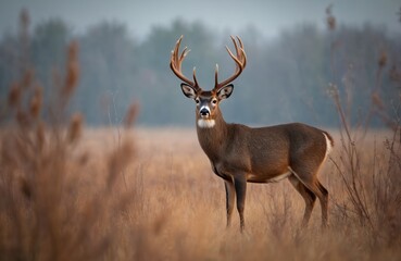 Majestic male deer with large antlers stands in dry grass field during autumn. This wild mammal looks forward, alert and calm. Nature scene in Colorado.
