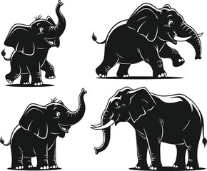 A striking black and white illustration depicts four elephants in various poses showcasing their size and gentle nature high quality professional © GolamKibria