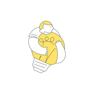 Vector illustration for people who are possessive of a creative idea. A man greedily hugs a light bulb, symbolizing hoarding an innovation, fear of sharing, and protecting a brilliant discovery