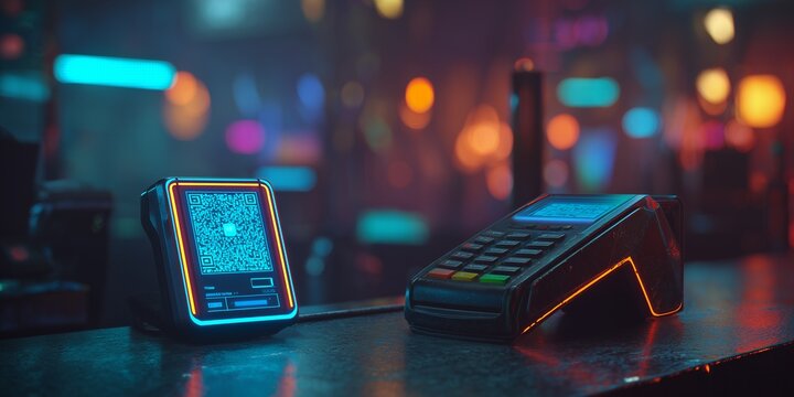 Futuristic QR code scanner and electronic POS terminal on dark counter with glowing neon bokeh background, concept for digital payment systems, contactless retail transactions and fintech