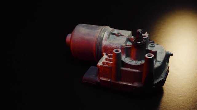 old car wiper motor for windshield cleaning, repair at the service, shooting in a dark room, red light illumination