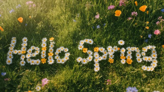 Words Hello spring formed with white daisies and yellow flowers on green meadow with colorful wildflowers and warm sunlight. Bright seasonal greeting and nature concept.