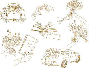 Wedding Celebration Elements Line Art Collection. A charming collection of hand-drawn line art elements perfect for wedding invitations and celebrations, featuring cars, bouquets, and champagne toasts