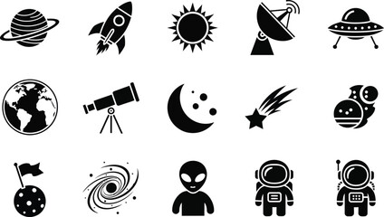 a collection of black silhouette icons depicting various celestial bodies spacecraft and extraterrestrial elements related to space exploration and astronomy © GolamKibria