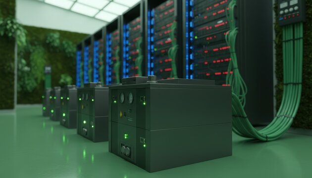 Backup battery units in sharp focus within a green data center showcasing reliable power for continuous news syndication with blurred data racks behind.
