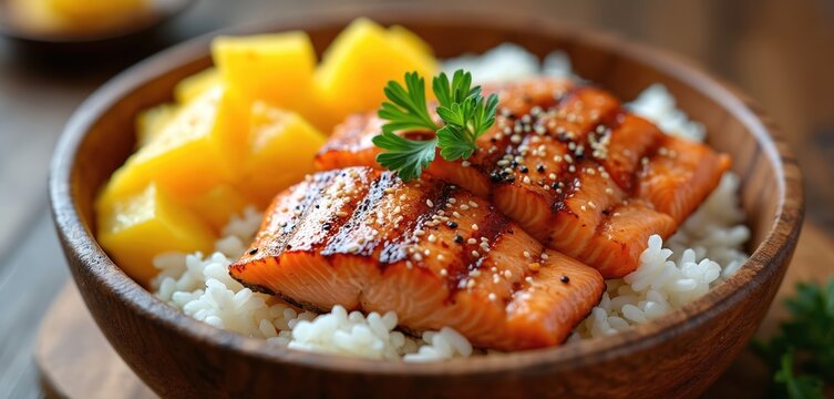 Close up of grilled salmon bowl with white rice and diced mango chunks. A fresh parsley sprig garnishes the savory seafood dish. Healthy eating, delicious lunch or dinner.