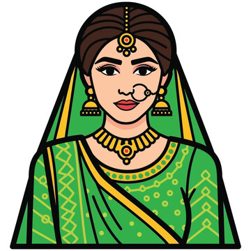 Beautiful Indian bride in green bridal saree with traditional jewelry and nath