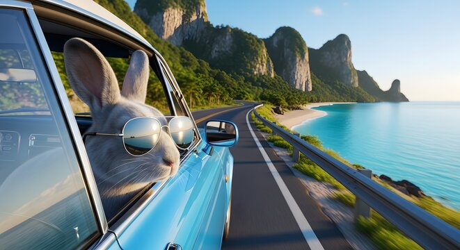 Easter bunny on a scenic road trip by the ocean on easter morning