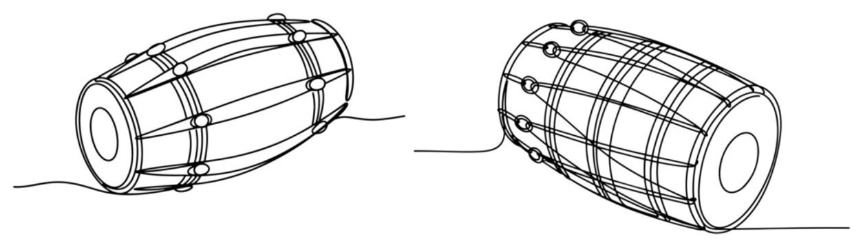 Set of two dholak drums in continuous one line drawing style for music design