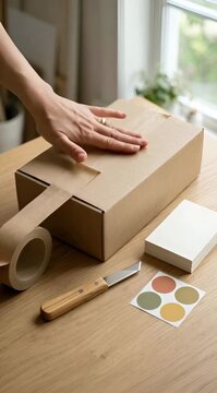 Hand sealing cardboard shipping box with kraft tape, packaging process for e-commerce and small business fulfillment, sustainable shipping materials, online store logistics concept, generative AI