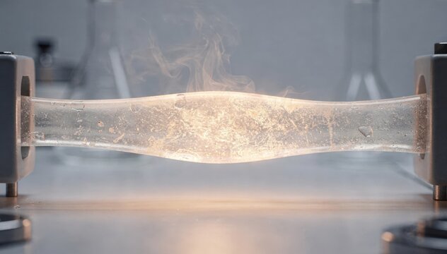 Medium shot of translucent selfhealing elastomer during experimental phase emphasizing clarity and elasticity as heat activates reversible bonds for innovative soft material