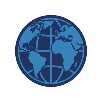 This image depicts a simple blue globe icon, representing global connectivity and awareness, perfect for illustrating themes of geography, travel, or international cooperation.