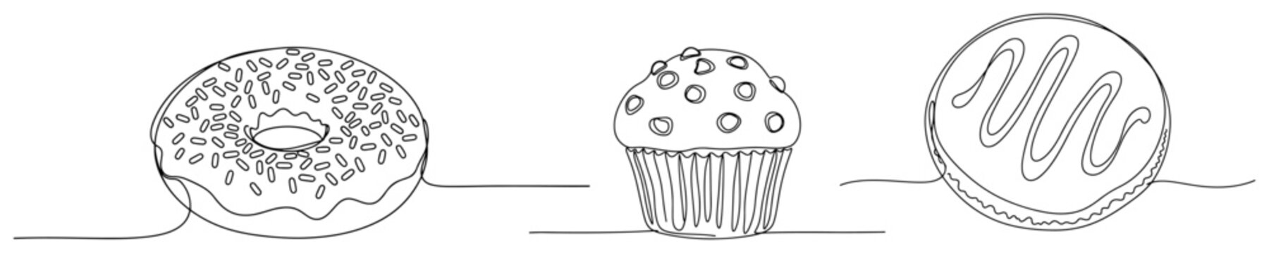 Set of sweet bakery treats including donut muffin and cookie in continuous line art style