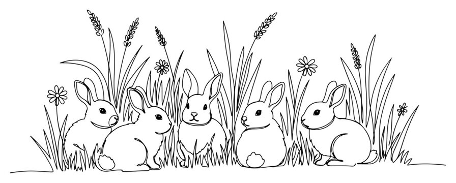 Minimalist continuous one line drawing of five cute rabbits sitting in high grass meadow