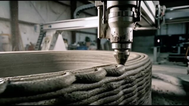 Industrial 3D printer nozzle creating layered structure, additive manufacturing and modern production concept, engineering innovation in factory workshop,  automated fabrication, generative AI