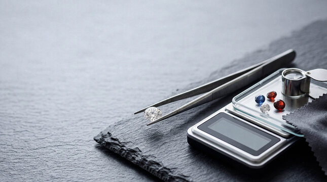 Diamond held by tweezers with gemology tools for appraisal.