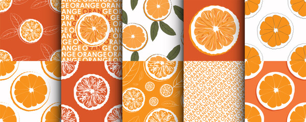 Orange Fruit slice Seamless Patterns Set: Citrus lemon, grapefruit Slices and Leaves on Vibrant Backgrounds for Summer Design,  Packaging, Trendy swimwear ornament, print, wrapping paper, greeting  © RomanWhale studio