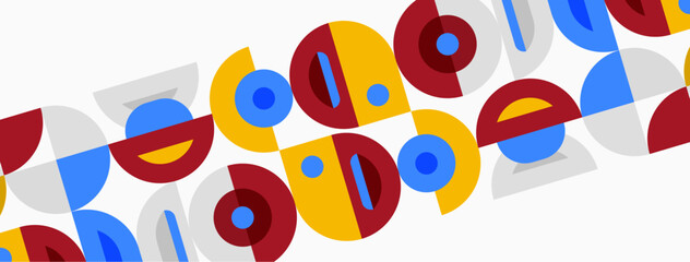 Abstract geometric pattern. Circles, semicircles, lines create repeating design. Red, blue, yellow dominate neutral background.