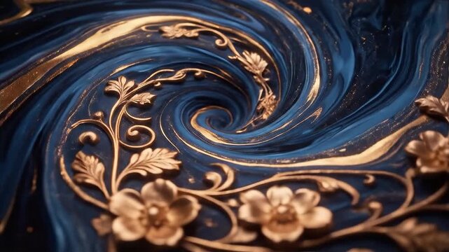 Abstract swirl pattern with rich dark blue texture and ornate golden floral ornament, suitable for elegant backgrounds, luxury branding, sophisticated design, and festive invitations.