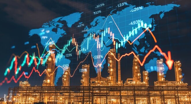 Industrial oil refinery at night with global stock market charts and financial data overlay on a world map, symbolizing energy markets, economic volatility, global trade, and industrial finance
