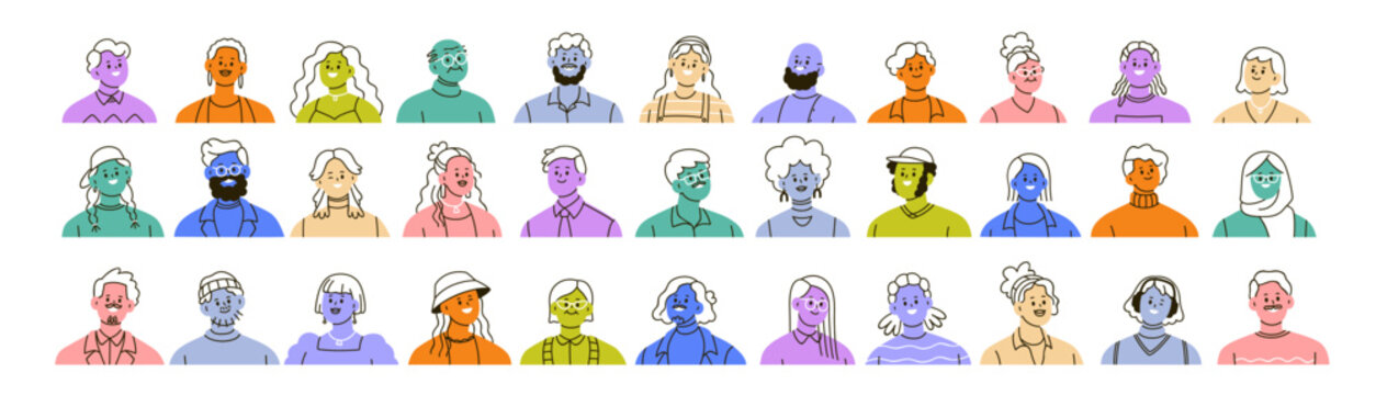 Set of colored abstract avatars, head portraits of diverse people. Happy smiling faces of men and women characters, modern drawn user profiles. Flat vector illustration isolated on white background