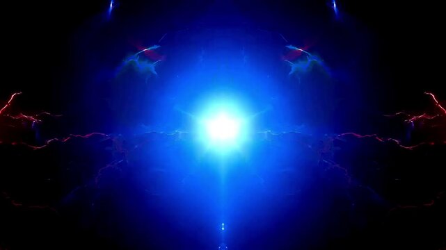 暗い背景に稲妻が放射状に広がる_A striking visual effect of radiating lightning bolts against a dark background, creating the illusion of energy and power in motion.