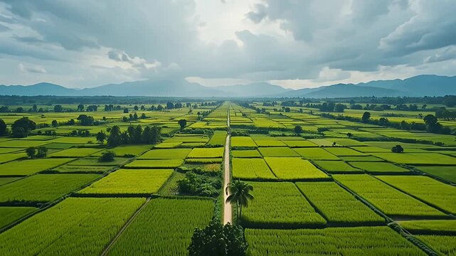 aerial farmland patchwork fields with roads and distant mountains