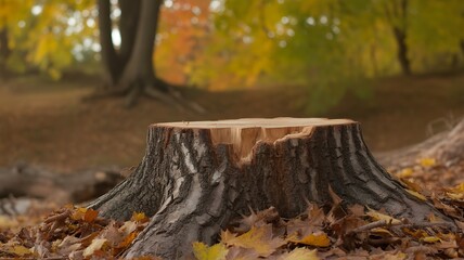 Obraz premium Tree stump in autumn forest with fallen leaves
