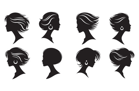 Set of eight black silhouettes depicting beautiful women with various short, elegant hairstyles and profiles, some adorned with fashionable earrings