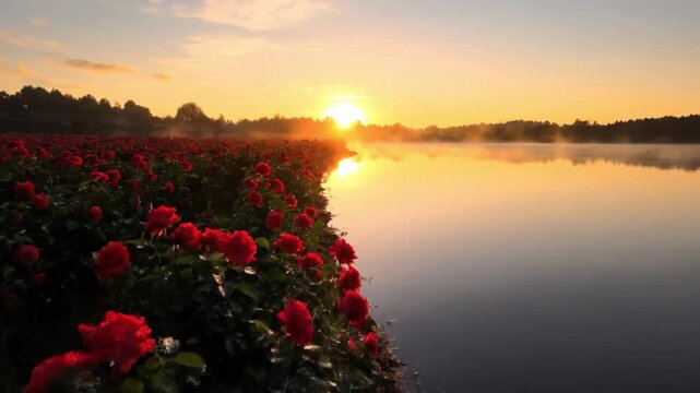 High dynamic range aerial video showcasing expansive red rose field meeting a serene lakeshore under glowing sunrise sky smooth forward glide maintaining steady cinematic framing intricate petal struc