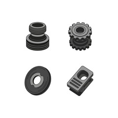 Set of Four Industrial Mechanical Components Isolated on White Background 2.