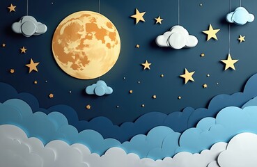 Naklejka premium Origami paper art night sky with big moon, yellow stars and white blue clouds. Dreamy atmosphere, celestial backdrop, kid friendly space illustration.