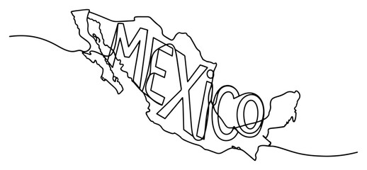 Single continuous line drawing of Mexico map silhouette featuring the country name typography © InsomniaVideo