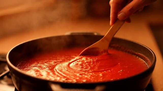 A hand stirs a vibrant red sauce in a pot, creating a warm and inviting cooking atmosphere.