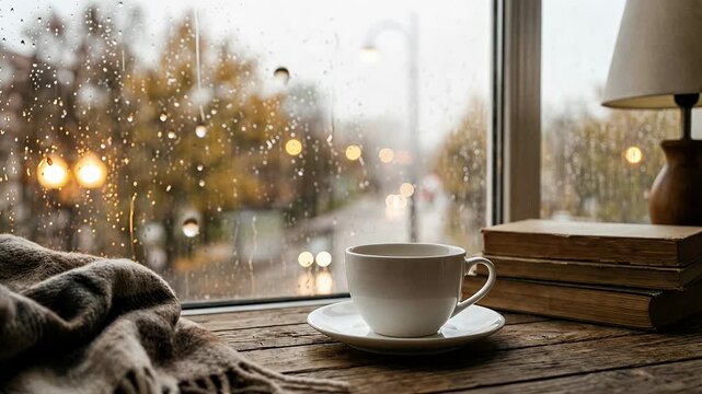 coffee cup by rainy window cozy indoor scene with blanket and books